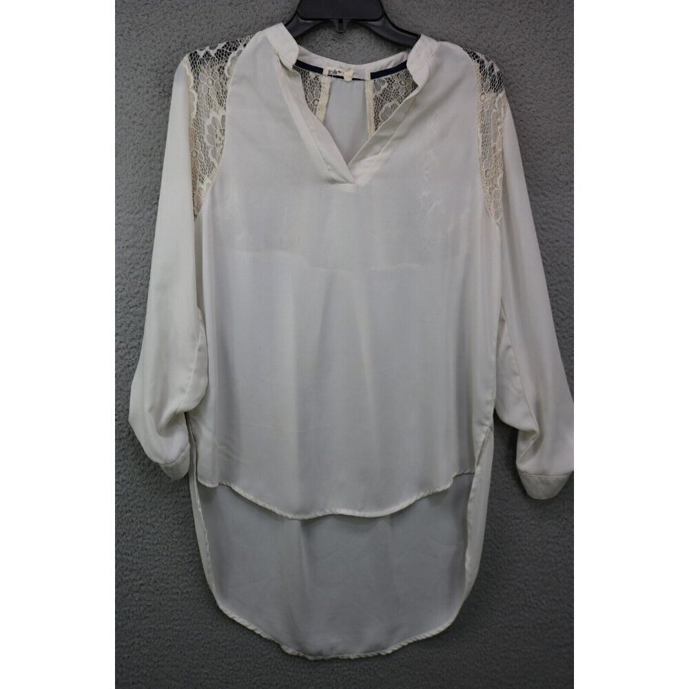 Jolt Ivory Long Sleeve Roll-Tab Sleeves Blouse-Hi Lo-Medium-Lace Trim